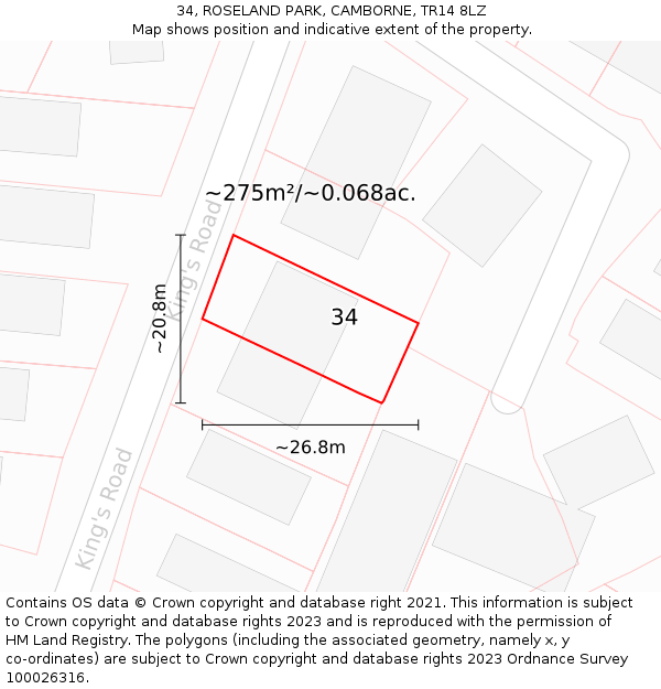 34, ROSELAND PARK, CAMBORNE, TR14 8LZ: Plot and title map