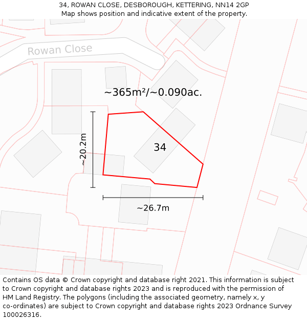 34, ROWAN CLOSE, DESBOROUGH, KETTERING, NN14 2GP: Plot and title map