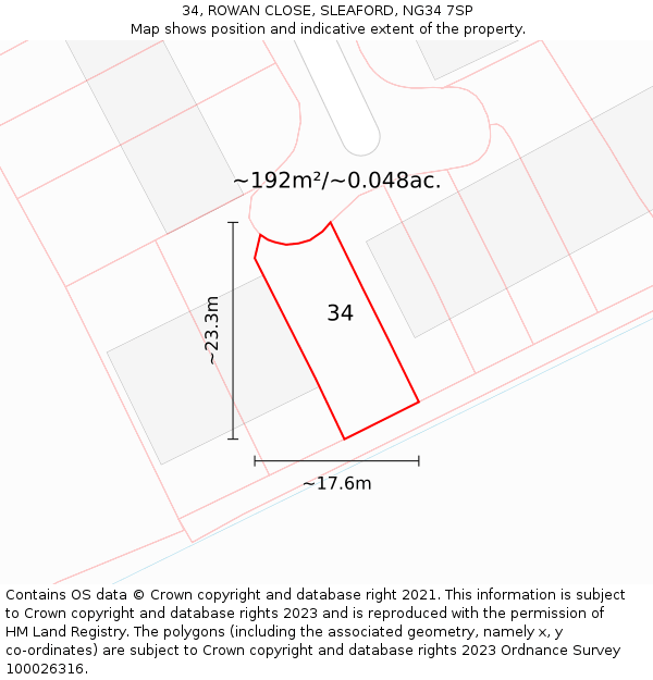 34, ROWAN CLOSE, SLEAFORD, NG34 7SP: Plot and title map