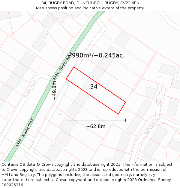34, RUGBY ROAD, DUNCHURCH, RUGBY, CV22 6PN: Plot and title map