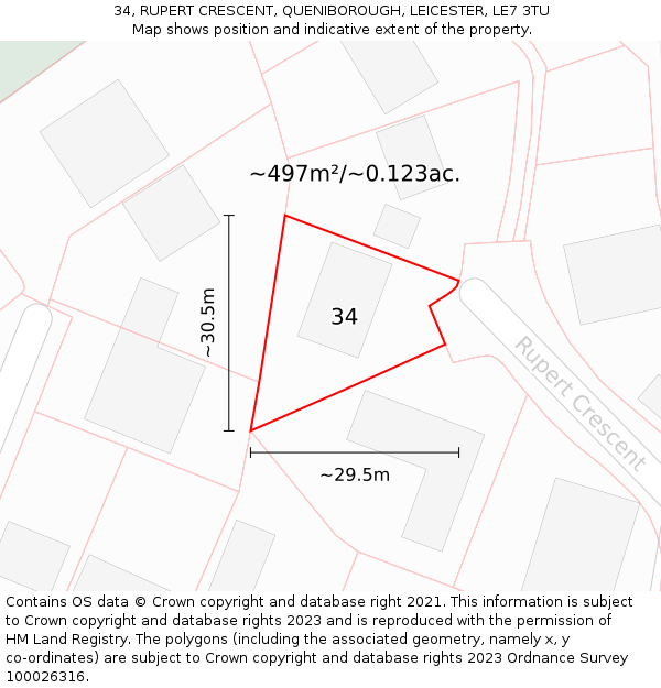 34, RUPERT CRESCENT, QUENIBOROUGH, LEICESTER, LE7 3TU: Plot and title map