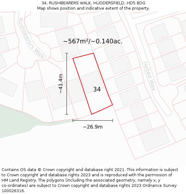 34, RUSHBEARERS WALK, HUDDERSFIELD, HD5 8DG: Plot and title map