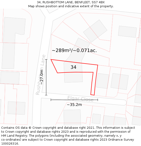 34, RUSHBOTTOM LANE, BENFLEET, SS7 4BX: Plot and title map