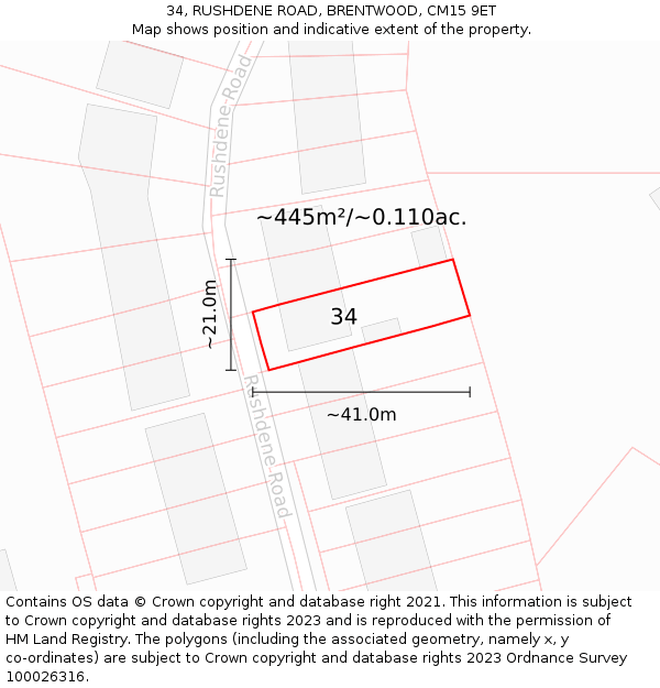 34, RUSHDENE ROAD, BRENTWOOD, CM15 9ET: Plot and title map