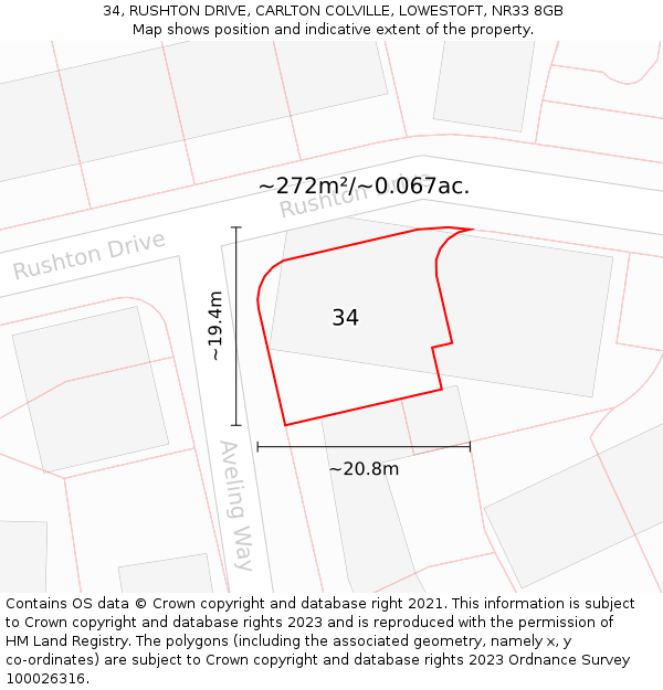 34, RUSHTON DRIVE, CARLTON COLVILLE, LOWESTOFT, NR33 8GB: Plot and title map