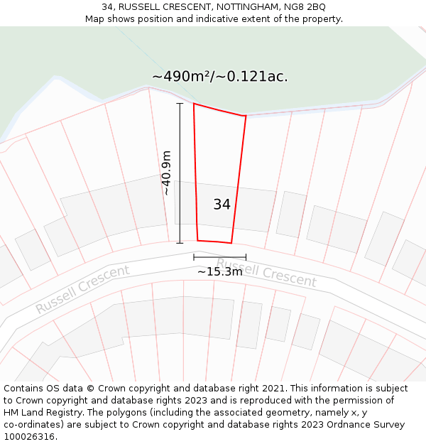 34, RUSSELL CRESCENT, NOTTINGHAM, NG8 2BQ: Plot and title map