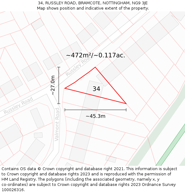 34, RUSSLEY ROAD, BRAMCOTE, NOTTINGHAM, NG9 3JE: Plot and title map