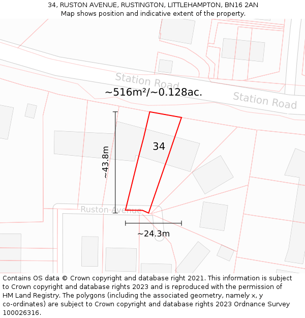 34, RUSTON AVENUE, RUSTINGTON, LITTLEHAMPTON, BN16 2AN: Plot and title map