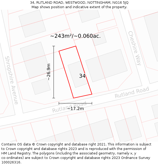34, RUTLAND ROAD, WESTWOOD, NOTTINGHAM, NG16 5JQ: Plot and title map