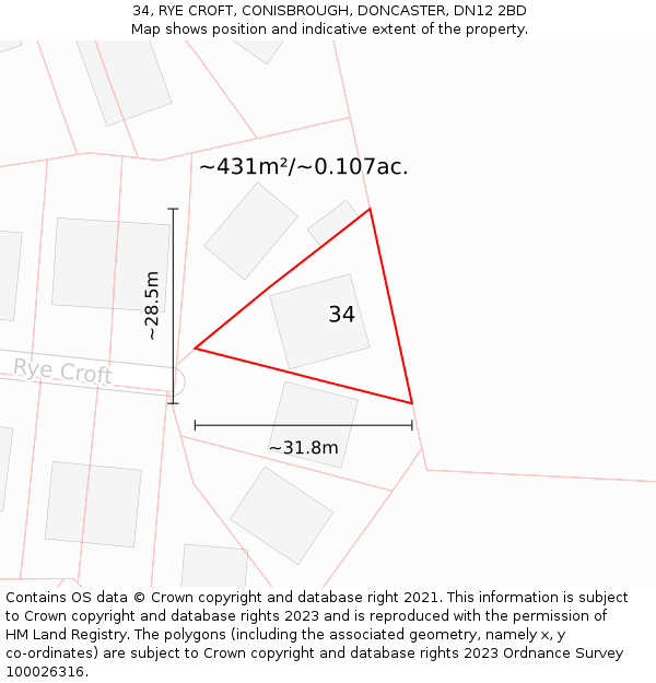 34, RYE CROFT, CONISBROUGH, DONCASTER, DN12 2BD: Plot and title map
