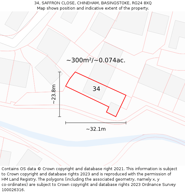 34, SAFFRON CLOSE, CHINEHAM, BASINGSTOKE, RG24 8XQ: Plot and title map