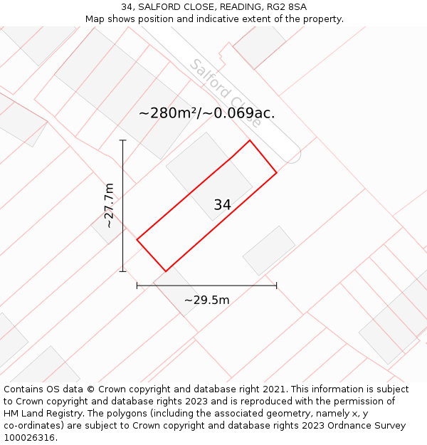 34, SALFORD CLOSE, READING, RG2 8SA: Plot and title map