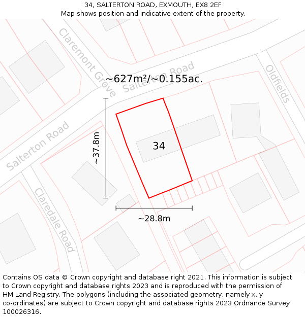 34, SALTERTON ROAD, EXMOUTH, EX8 2EF: Plot and title map