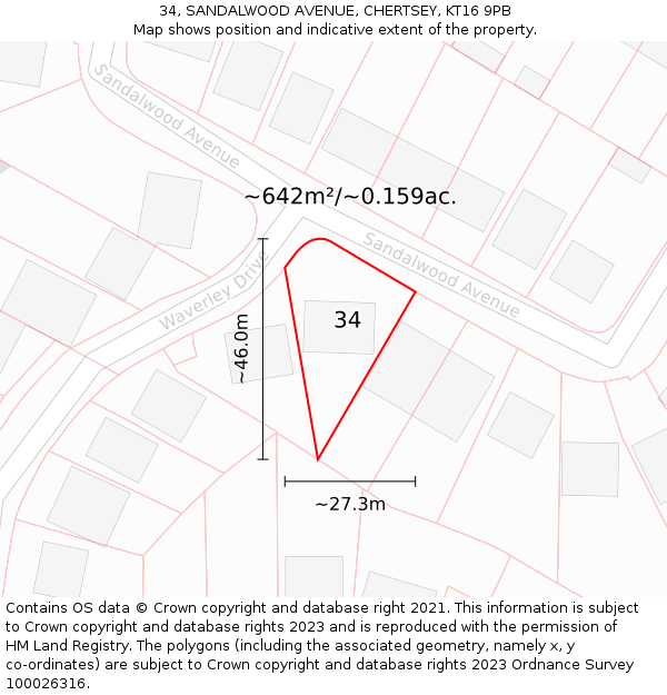 34, SANDALWOOD AVENUE, CHERTSEY, KT16 9PB: Plot and title map