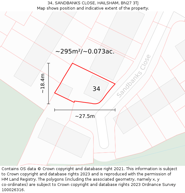 34, SANDBANKS CLOSE, HAILSHAM, BN27 3TJ: Plot and title map