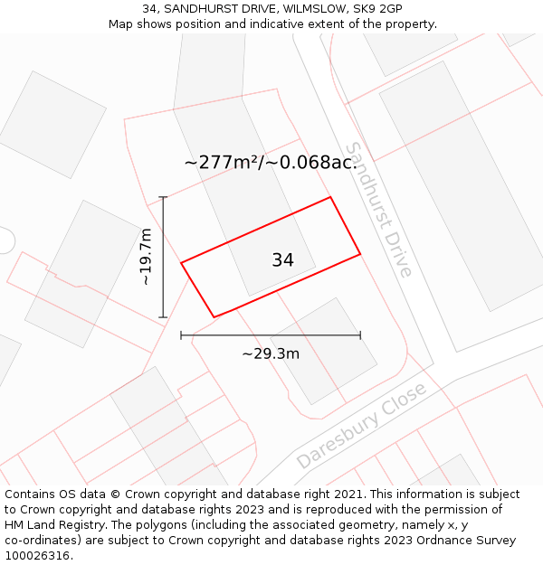 34, SANDHURST DRIVE, WILMSLOW, SK9 2GP: Plot and title map