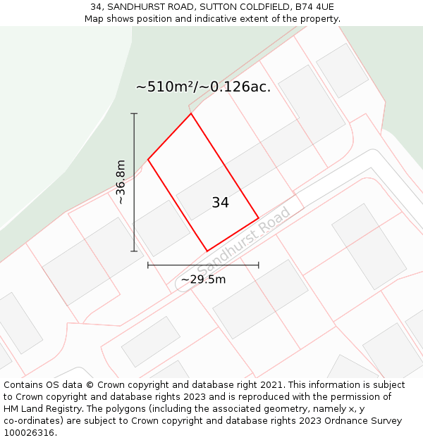 34, SANDHURST ROAD, SUTTON COLDFIELD, B74 4UE: Plot and title map