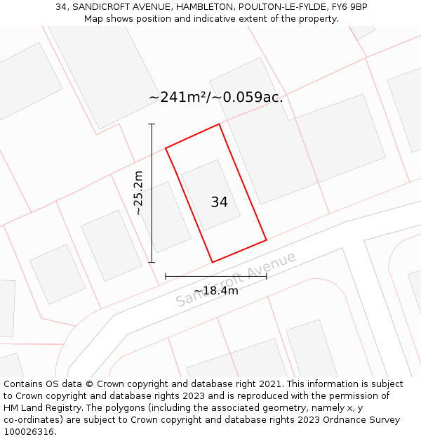34, SANDICROFT AVENUE, HAMBLETON, POULTON-LE-FYLDE, FY6 9BP: Plot and title map