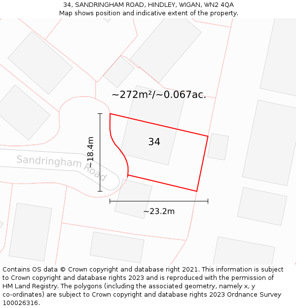 34, SANDRINGHAM ROAD, HINDLEY, WIGAN, WN2 4QA: Plot and title map