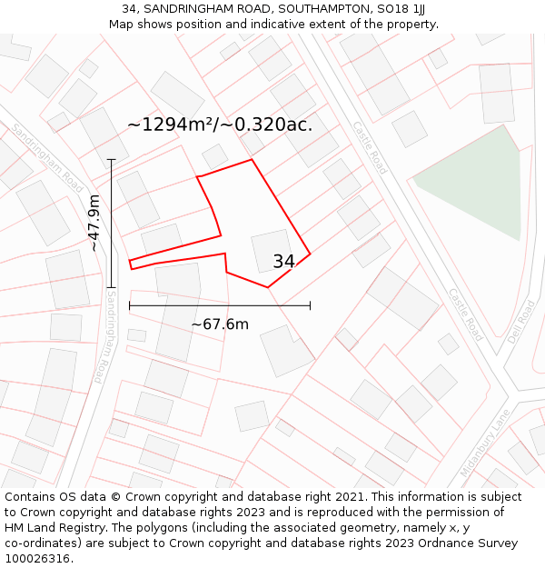 34, SANDRINGHAM ROAD, SOUTHAMPTON, SO18 1JJ: Plot and title map