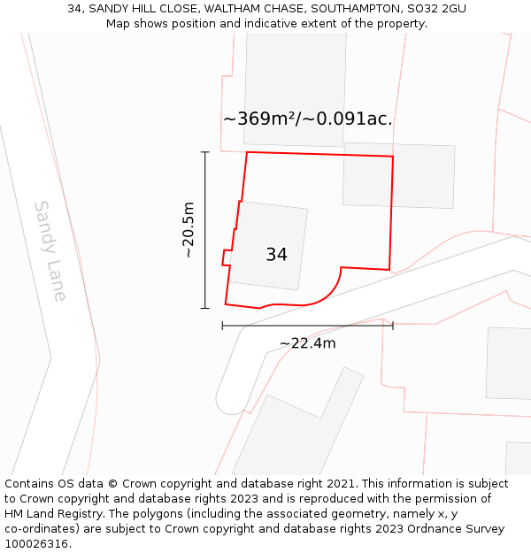 34, SANDY HILL CLOSE, WALTHAM CHASE, SOUTHAMPTON, SO32 2GU: Plot and title map