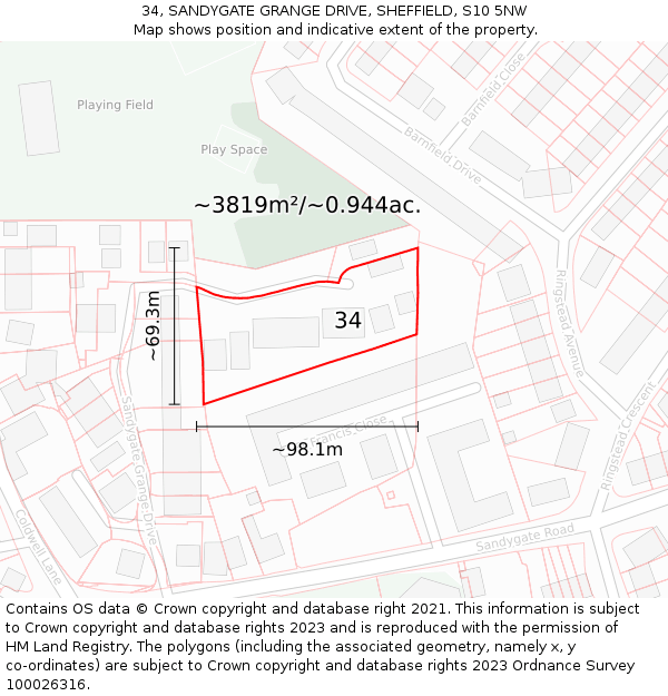 34, SANDYGATE GRANGE DRIVE, SHEFFIELD, S10 5NW: Plot and title map