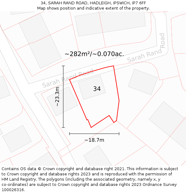 34, SARAH RAND ROAD, HADLEIGH, IPSWICH, IP7 6FF: Plot and title map
