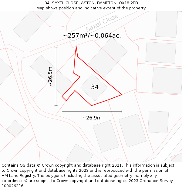 34, SAXEL CLOSE, ASTON, BAMPTON, OX18 2EB: Plot and title map