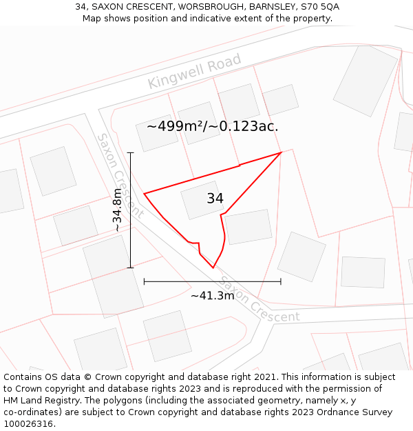 34, SAXON CRESCENT, WORSBROUGH, BARNSLEY, S70 5QA: Plot and title map