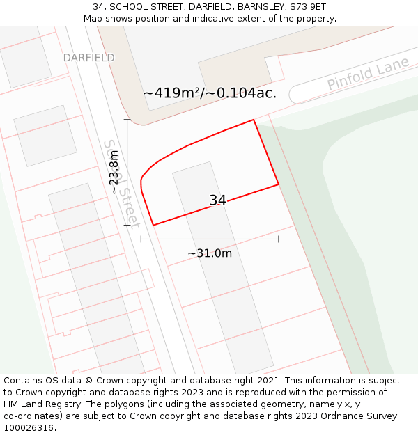 34, SCHOOL STREET, DARFIELD, BARNSLEY, S73 9ET: Plot and title map