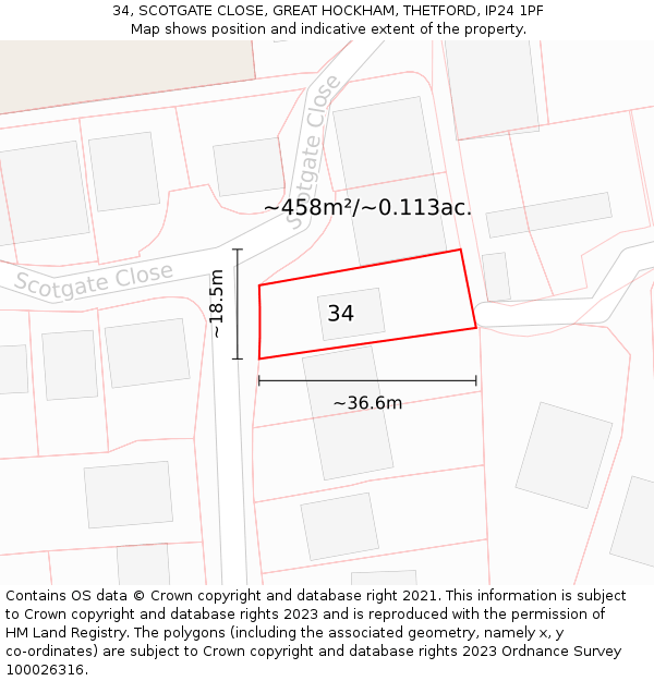 34, SCOTGATE CLOSE, GREAT HOCKHAM, THETFORD, IP24 1PF: Plot and title map
