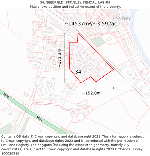 34, SEEDFIELD, STAVELEY, KENDAL, LA8 9NJ: Plot and title map