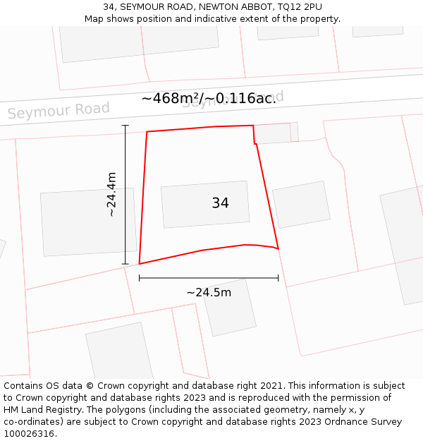 34, SEYMOUR ROAD, NEWTON ABBOT, TQ12 2PU: Plot and title map