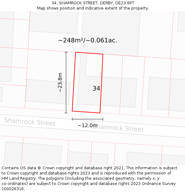 34, SHAMROCK STREET, DERBY, DE23 6PT: Plot and title map