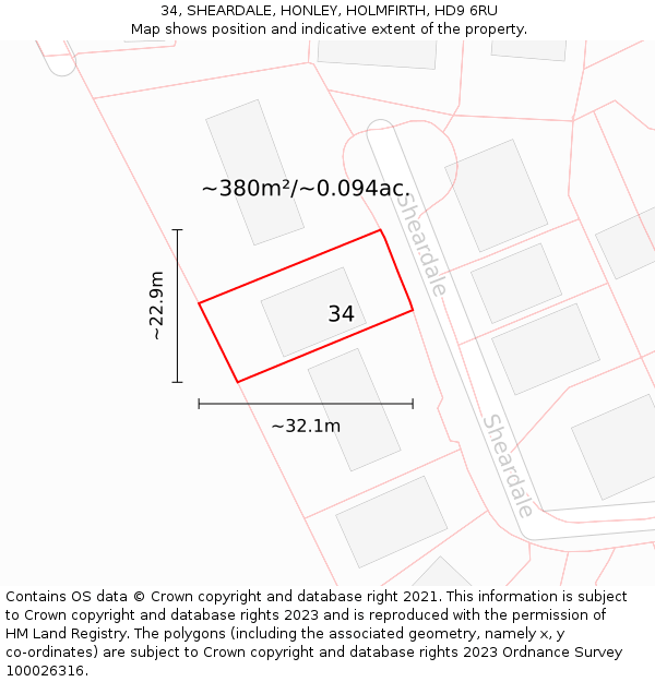 34, SHEARDALE, HONLEY, HOLMFIRTH, HD9 6RU: Plot and title map