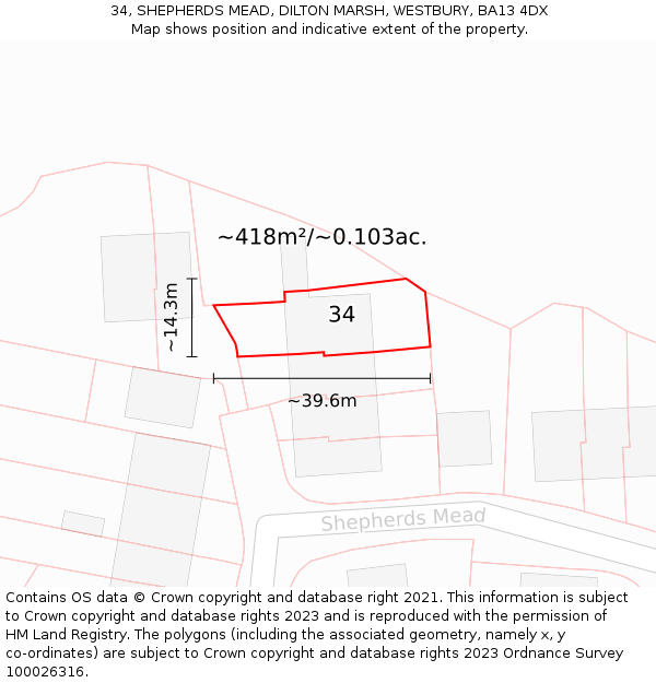 34, SHEPHERDS MEAD, DILTON MARSH, WESTBURY, BA13 4DX: Plot and title map