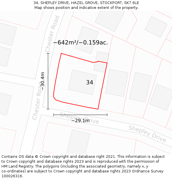 34, SHEPLEY DRIVE, HAZEL GROVE, STOCKPORT, SK7 6LE: Plot and title map