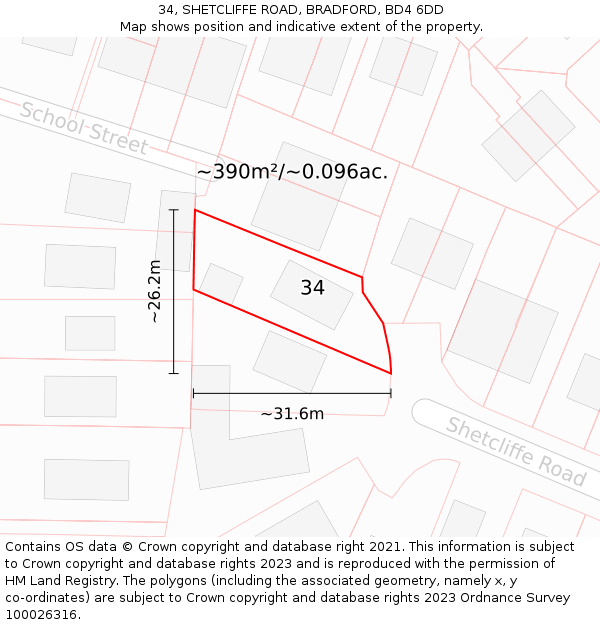 34, SHETCLIFFE ROAD, BRADFORD, BD4 6DD: Plot and title map