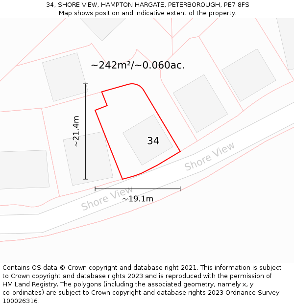 34, SHORE VIEW, HAMPTON HARGATE, PETERBOROUGH, PE7 8FS: Plot and title map