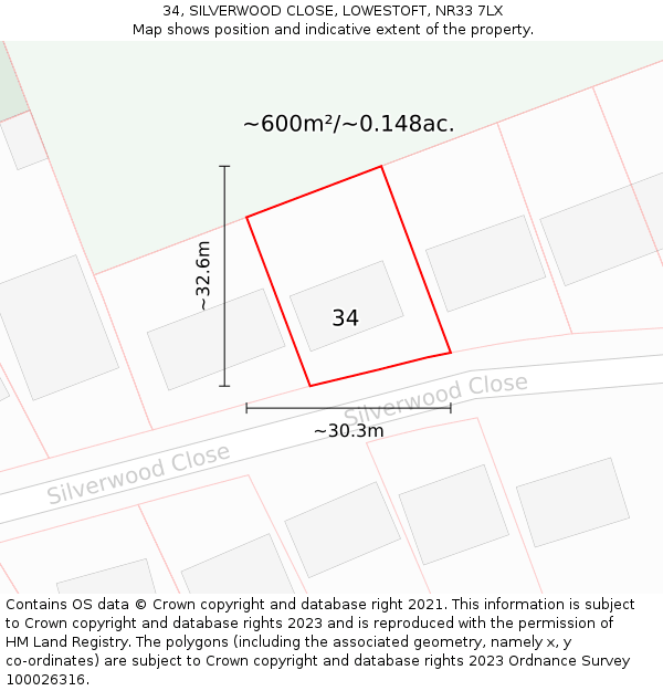 34, SILVERWOOD CLOSE, LOWESTOFT, NR33 7LX: Plot and title map
