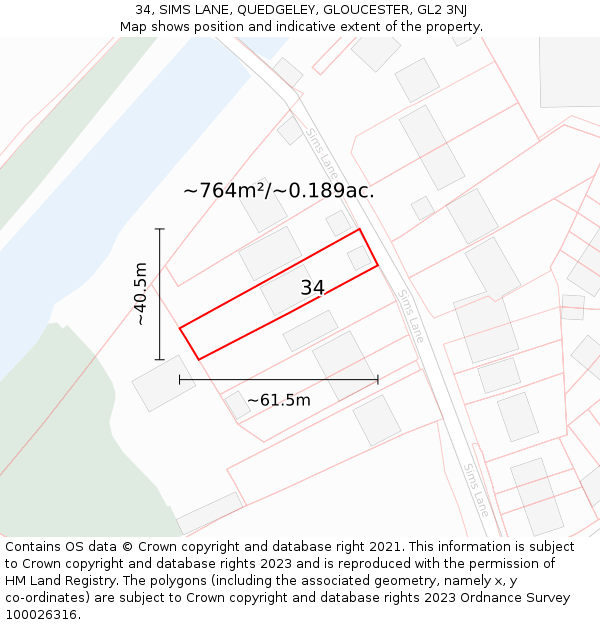 34, SIMS LANE, QUEDGELEY, GLOUCESTER, GL2 3NJ: Plot and title map