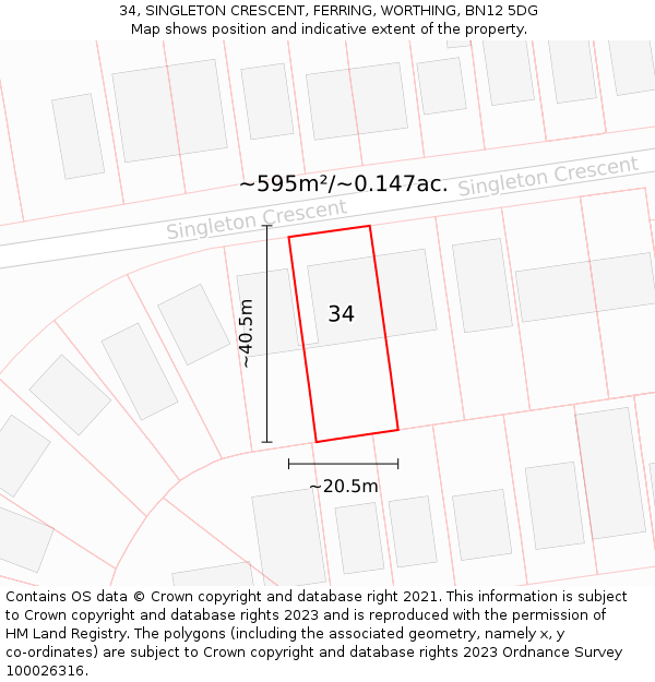 34, SINGLETON CRESCENT, FERRING, WORTHING, BN12 5DG: Plot and title map