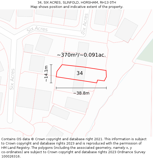 34, SIX ACRES, SLINFOLD, HORSHAM, RH13 0TH: Plot and title map