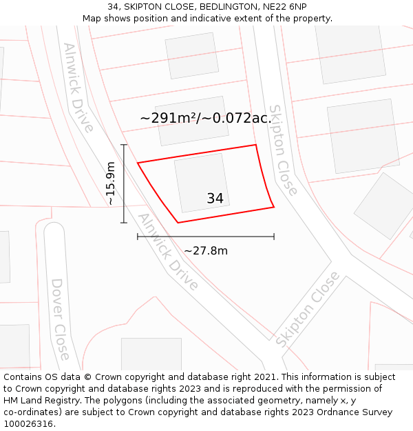 34, SKIPTON CLOSE, BEDLINGTON, NE22 6NP: Plot and title map