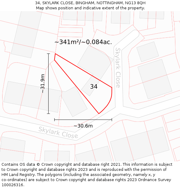34, SKYLARK CLOSE, BINGHAM, NOTTINGHAM, NG13 8QH: Plot and title map