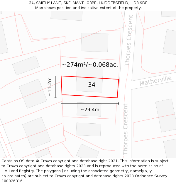 34, SMITHY LANE, SKELMANTHORPE, HUDDERSFIELD, HD8 9DE: Plot and title map