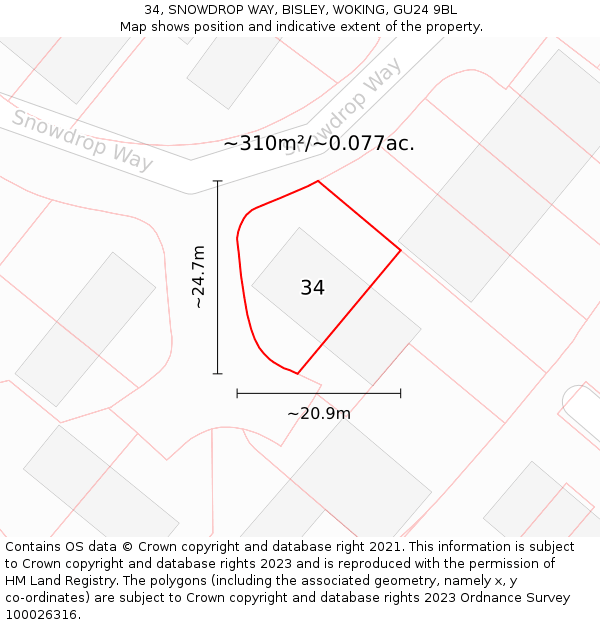 34, SNOWDROP WAY, BISLEY, WOKING, GU24 9BL: Plot and title map