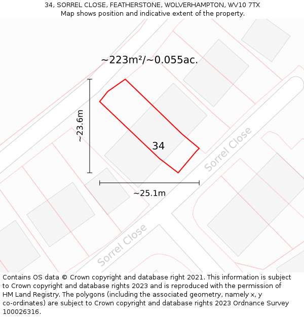 34, SORREL CLOSE, FEATHERSTONE, WOLVERHAMPTON, WV10 7TX: Plot and title map