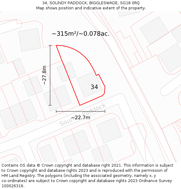 34, SOUNDY PADDOCK, BIGGLESWADE, SG18 0RQ: Plot and title map