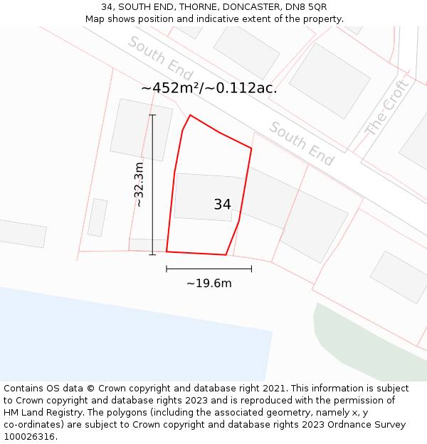 34, SOUTH END, THORNE, DONCASTER, DN8 5QR: Plot and title map